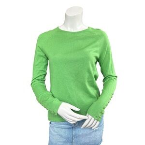 J. McLaughlin Green Cotton Blend Modest High Neck Gold Button Sweater Size Small